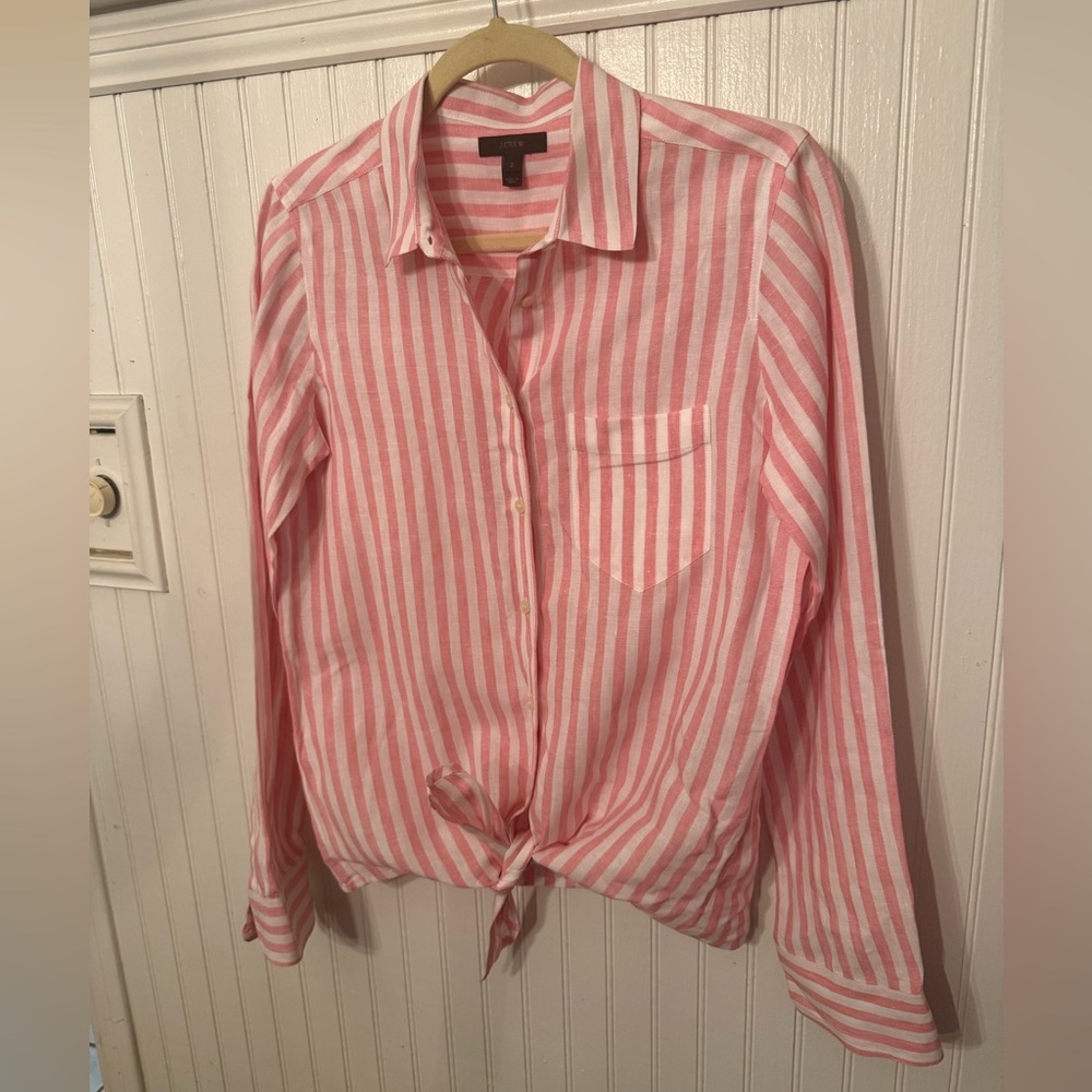 J. Crew 100% linen front tie striped button up long sleeve shirt 2